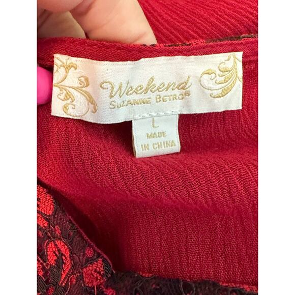 Susan Betro red black floral lace long sleeves tunic top size Large - Picture 3 of 8